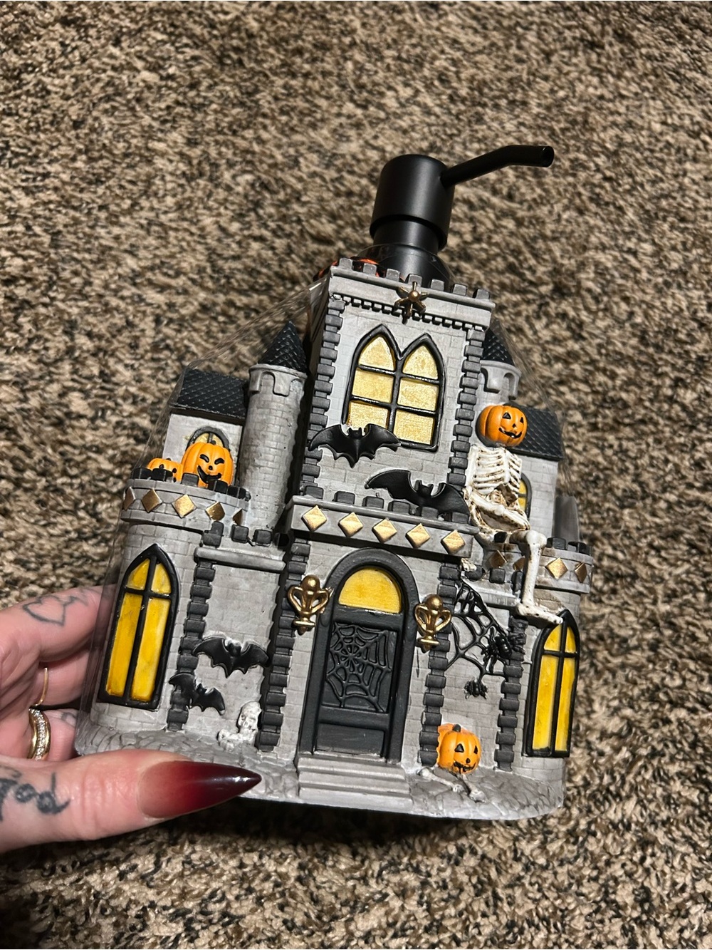 Haunted Castle Soap Dispenser - Gray and Yellow Halloween Accent
